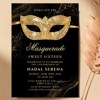guld masqueradmask Sweet 16 Inbjudningar