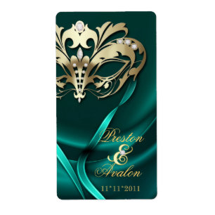 Guld Masqueraetikett Teal Jeweled Bröllop Vin Fraktsedel