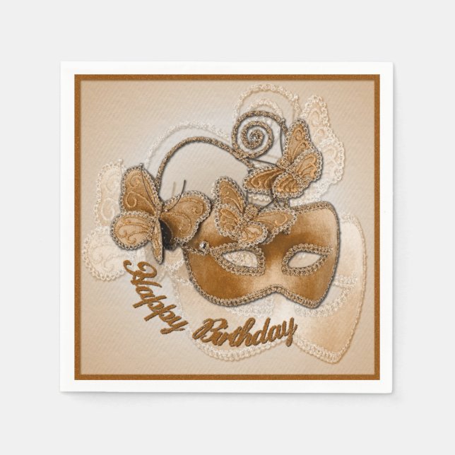 Guld Masqueramask Birthday Napkins Pappersservett (Framsidan)