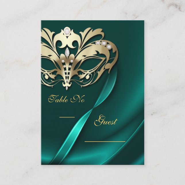 Guld Masqueraupplagan Teal Jeweled Bord PlaceCard Placeringskort (Framsida)