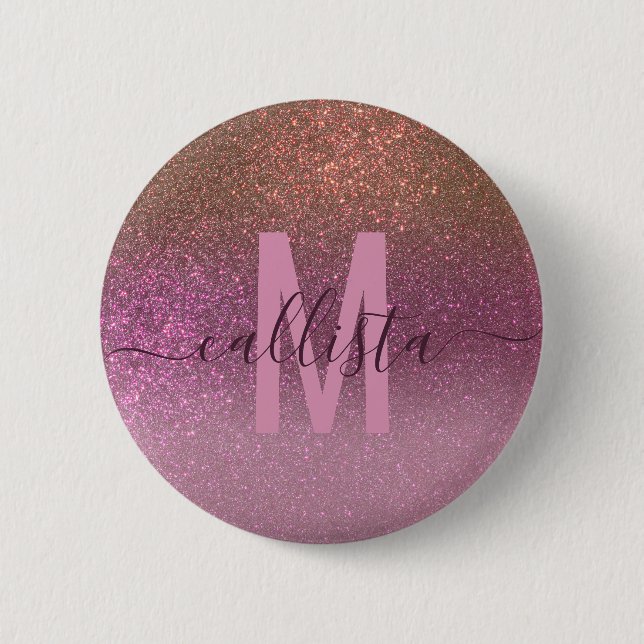 Guld Mauve Lila Sparkly Glitter Ombre Monogram Knapp (Framsida)