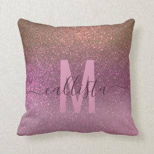 Guld Mauve Lila Sparkly Glitter Ombre Monogram Kudde