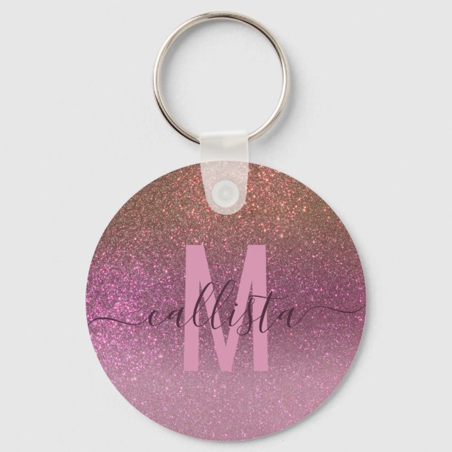 Guld Mauve Lila Sparkly Glitter Ombre Monogram Nyckelring (Framsida)