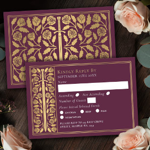 Guld Mauve Medeltida Svärd Bröllop RSVP OSA Kort