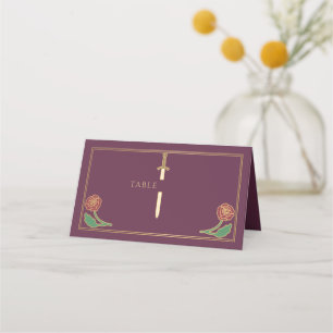 Guld Mauve Royal Medeltida Blommig Svärd Bröllop Placeringskort