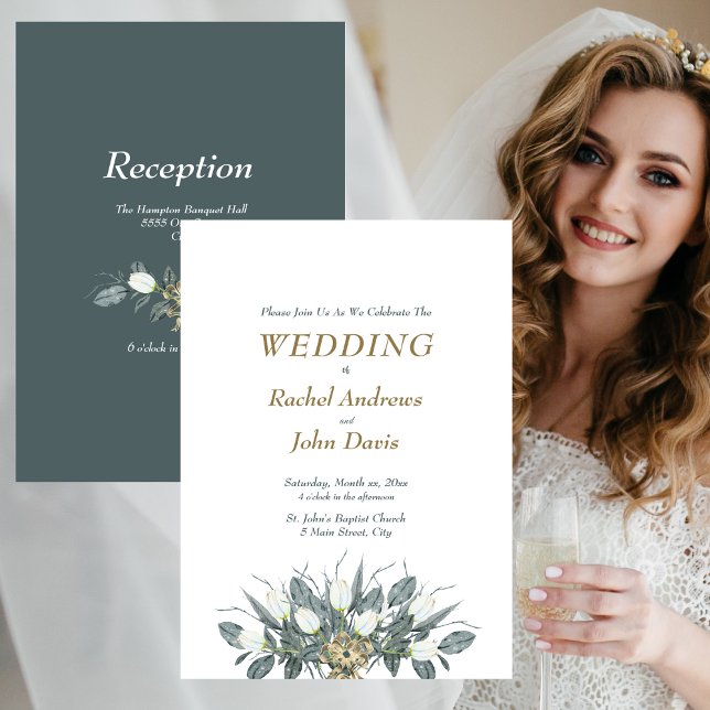Guld med Grönt Bröllopsinbjudan Vita tulpaner Inbjudningar (Gold With Green Wedding Invitation White Tulips)