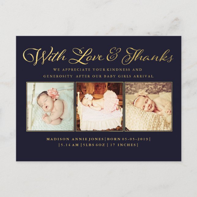 Guld med Kärlek & Tack, Baby-vykort för foto Vykort (Framsida)