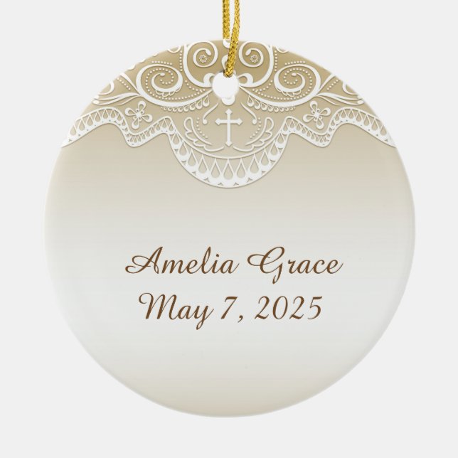 Guld med snöre, kor, religiösa julgransprydnad keramik (Framsidan)