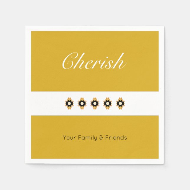 Guld med svart och vit Blommigt Pappersservett (Framsidan)