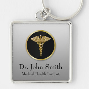 Guld- medicinsk Caduceus - Keychain Fyrkantig Silverfärgad Nyckelring