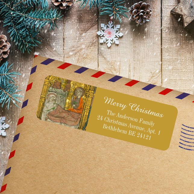 Guld Medieval Christian God jul Ntivity Returadress Etikett (Gold Medieval Manuscript Religious Christian Catholic Merry Christmas Nativity Scene Address Label)
