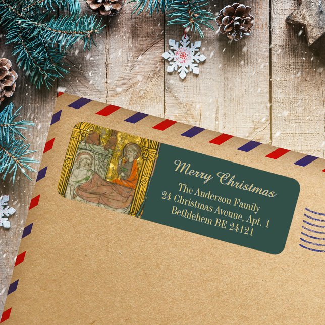 Guld Medieval kristen jultomatiscen Returadress Etikett (Elegant Gold Medieval Vintage Christian Christmas Catholic Nativity Scene Return Address Label)