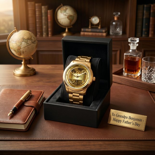 Guld Mekanisk Växel Farfar Monogram Fars Dag Armbandsur (Gold Mechanical Gear Grandpa Monogram Father's Day Watch)