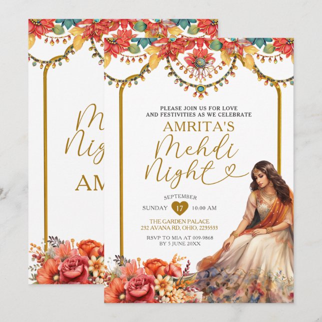 Guld Menhdi Night Indian Dholki Paskitan Blommigt Inbjudningar (Fram/baksida)