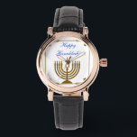 Guld Menorah Armbandsur<br><div class="desc">Kors perfekt,  svart läderremsa med en bild av en guld-menorah i guld ram med guld Stars av David,  och tillvalsstämning för helgdag. Se matchande fyrkantiga knappar,  fyrkantiga tecken och fyrkantiga dubblor-sidiga akrylnyckelkedjor. Se hela Hanukkah Watch-samlingen under kategorin ACCESSORIES i avsnittet HELGDAGAR.</div>