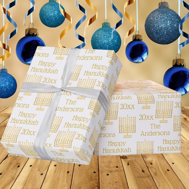 Guld Menorah på den vita Chicen Hanukkah-Personlig Presentpapper (Skapare uppladdad)