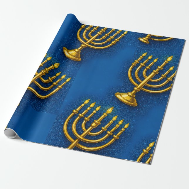 Guld Menorah på Sparkly Blue Background Hanukkah Presentpapper (Utrullad)