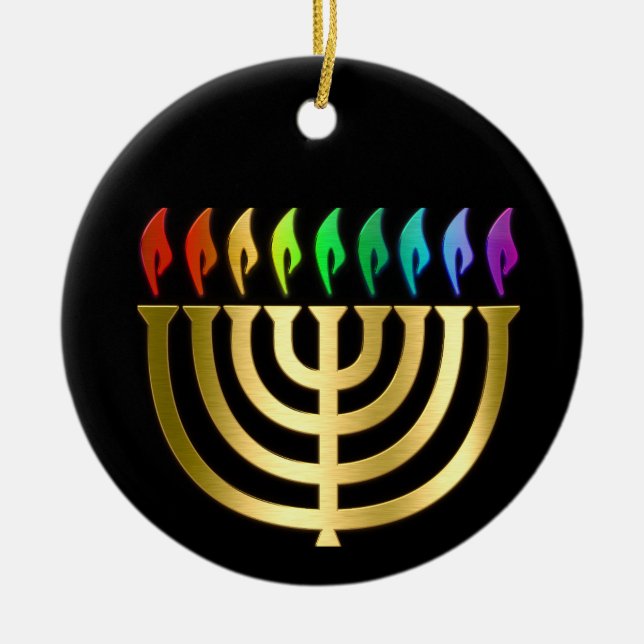 Guld Menorah Rainbow Flames Hanukkah Ornament (Framsidan)