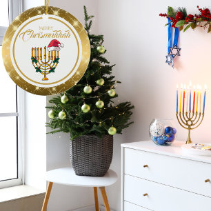 Guld Menorah Santa Hanukkah Merry Chrismukkah Julgransprydnad Keramik