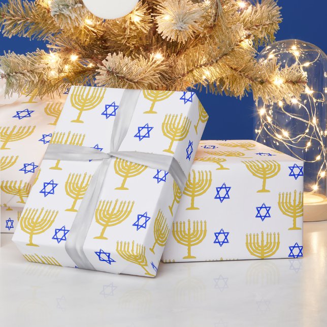 Guld Menorahs + Blue Stars Presentpapper (Helgdagar)