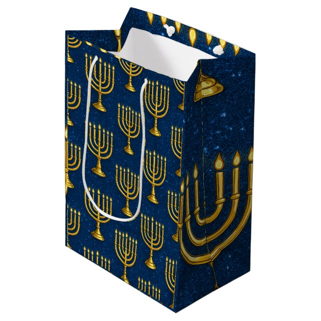 Guld Menorahs på Sparkly Jay Blue Hanukkah (Framsidan Vinklad)