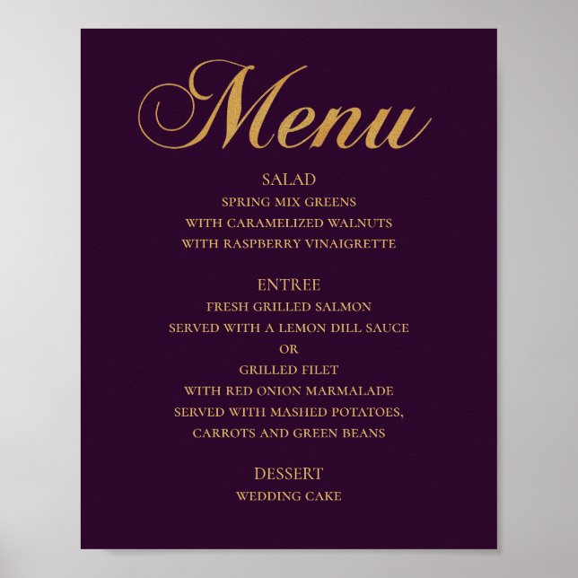 Guld meny för bröllopsmiddag. Lila elegant enkel Poster (Framsidan)