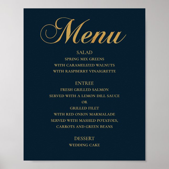 Guld meny för bröllopsmiddag. Marin elegant enkel Poster (Framsidan)