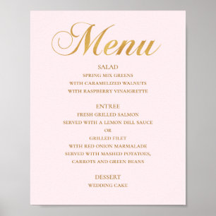 Guld meny för bröllopsmiddag. Rosa elegant enkel Poster
