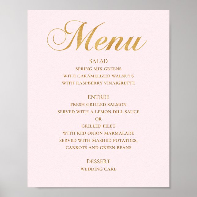 Guld meny för bröllopsmiddag. Rosa elegant enkel Poster (Framsidan)