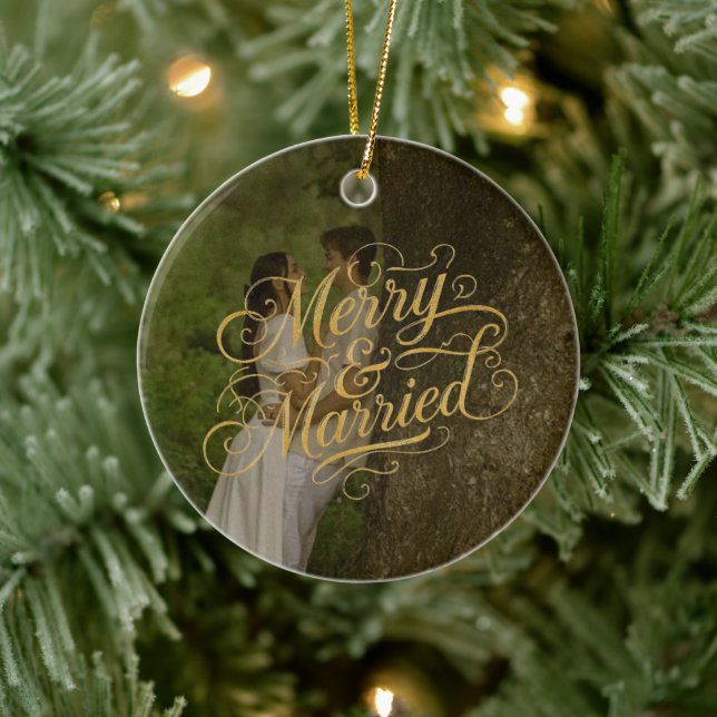 Guld Merry & Married First julfoto Helgdag Julgransprydnad Keramik (Träd)