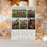 Guld MERRY Modern Photo Collage Helgdag Card Julkort<br><div class="desc">Modern och elegant,  gyllene "MERRY",  fotosamlingskort för Helgdag. Kortet har 5 foton på framsidan med många linjer för ditt anpassningsbar-meddelande,  namn och år på baksidan av kortet. Bakgrund färg,  som visas i vit och muterad grönt i skogen,  kan anpassas.</div>