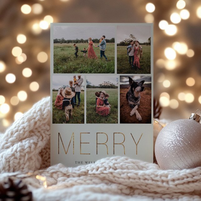 Guld MERRY Modern Photo Collage Helgdag Card Sage Julkort (Skapare uppladdad)