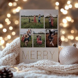 Guld MERRY Modern Photo Collage Helgdag Card Sand Julkort<br><div class="desc">Modern och elegant,  gyllene "MERRY",  fotosamlingskort för Helgdag. Kortet har 5 foton på framsidan med många linjer för ditt anpassningsbar-meddelande,  namn och år på baksidan av kortet. Bakgrundsinformation om färg,  som visas i rosa sand,  kan anpassas.</div>