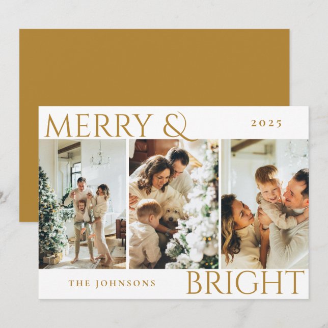 Guld Merry och Bright 3 Photo Collage Helgdag Card Julkort (Fram/baksida)