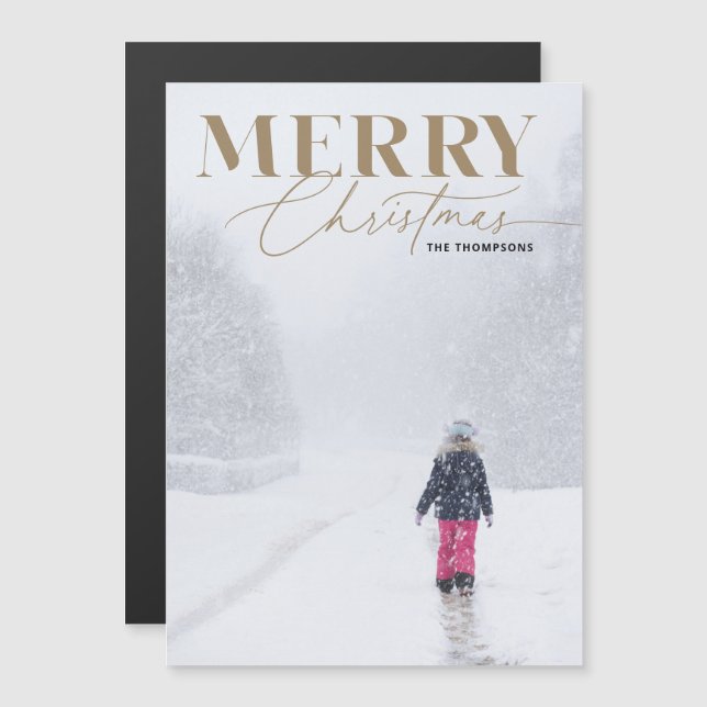 Guld Merry Script Serif jul-fotfoto Porträtt Magnetisk Inbjudningskort (Fram/baksida)