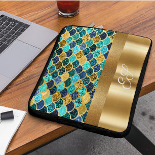 Guld Metall Glitter Sjöjungfru Svans Monogram Fjäl Laptop Fodral