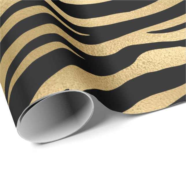 Guld Metallic Black Tiger Animal Skin Elegant Päls Presentpapper (Rullad Hörn)