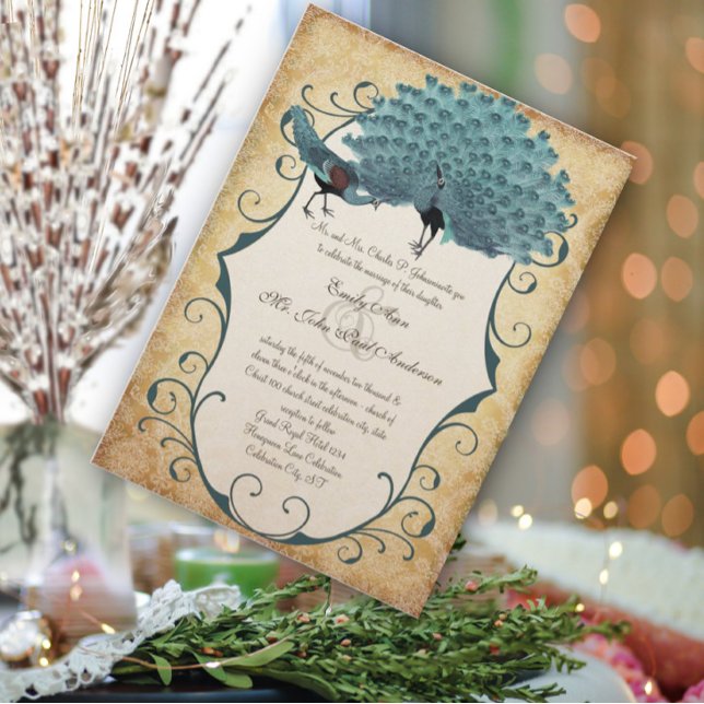 Guld Metallic-Damask Peacock Inbjudningar (Skapare uppladdad)