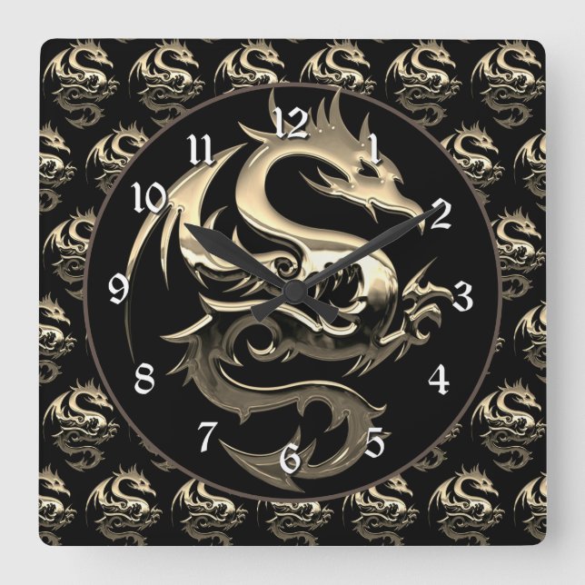 Guld Metallic Dragon Fyrkantig Klocka (Framsida)