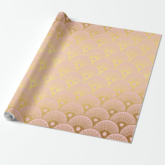 Guld Metallic Foil Sjöjungfru Scale Rosa Modern Presentpapper (Utrullad)
