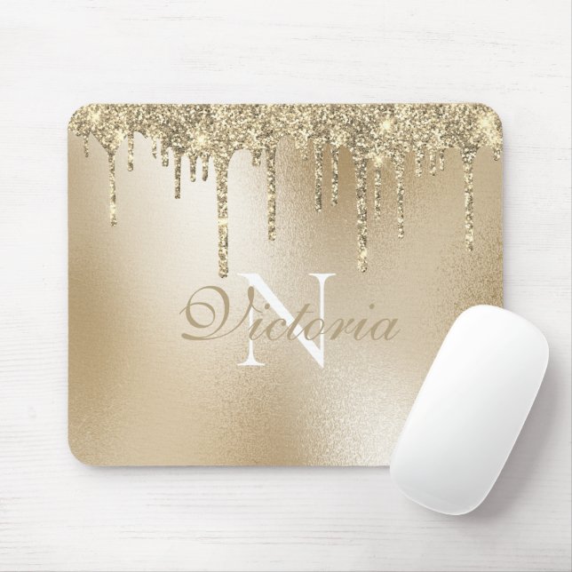 Guld Metallic Glitter Drip Monogram Elegant Musmatta (Med mus)