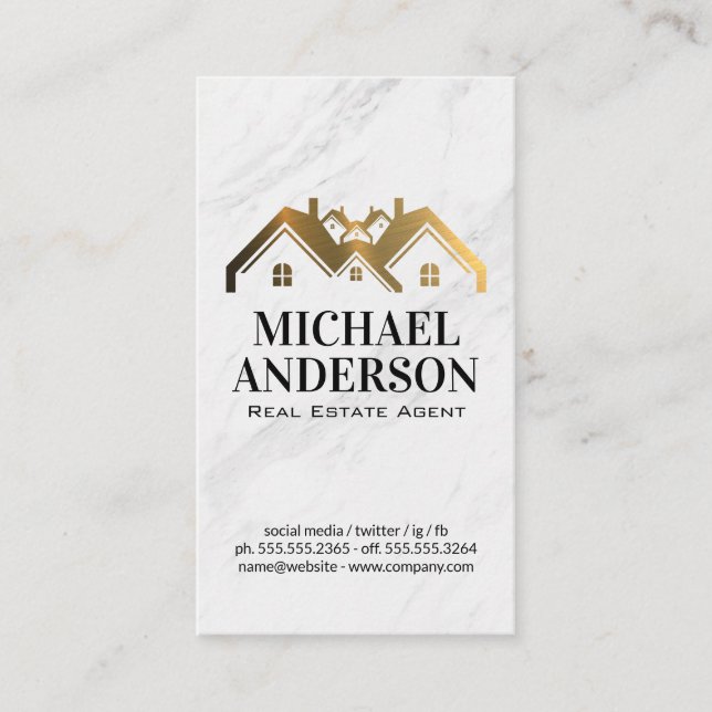 Guld Metallic House Logotyp | Marble Visitkort (Framsida)