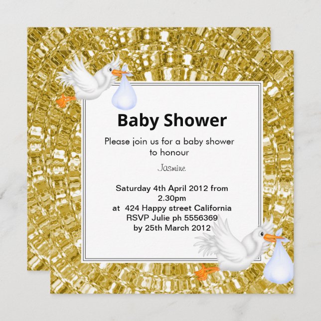 GULD METALLIC LOOK Stork Baby Shower-inbjudan Inbjudningar (Fram/baksida)