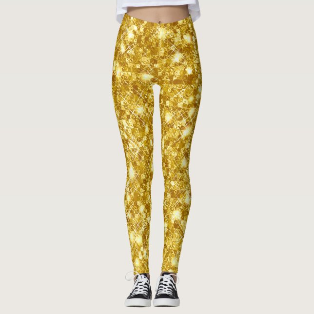 Guld Metallic Metall Gnistra Glam Glitter Leggings (Framsida)