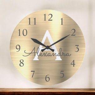 Guld Metallic Monogram Namn & Initial Stor Klocka