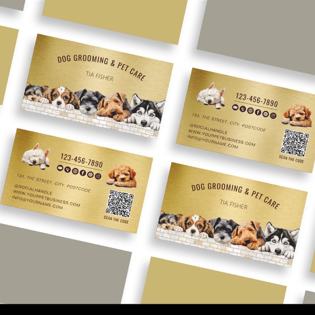Guld Metallic QR Code Social Media Hund Grooming Visitkort (Skapare uppladdad)