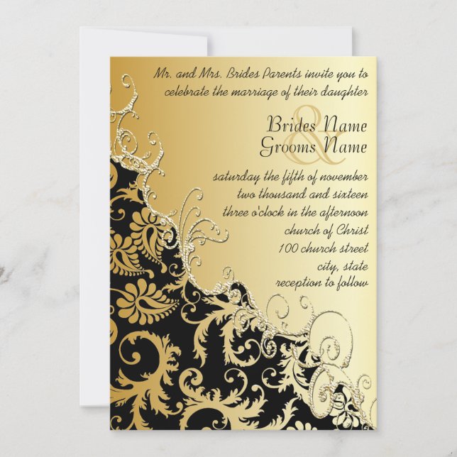 Guld Metallic Vintage Damask Romantic Swirl Inbjudningar (Framsida)