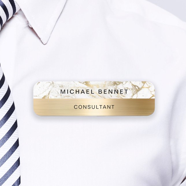 Guld Metallic White Marble Consultant Business Namnbricka (Gold Metallic White Marble Consultant Business Name Tag)