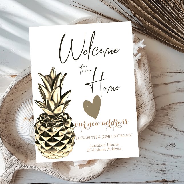 Guld Metallisk ananas,HjärtNy adress Meddelande Vykort (Skapare uppladdad)