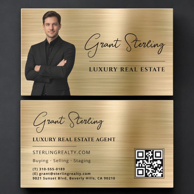 Guld Metallisk Fastighets QR-kod Foto Visitkort (Skapare uppladdad)